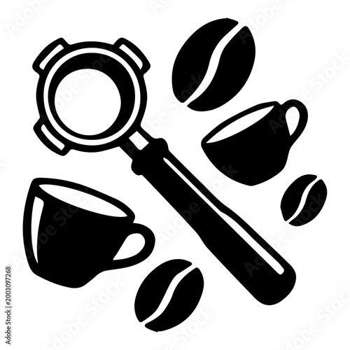 Coffee shop branding design elements set with portafilter cups and roasted beans vector illustration
