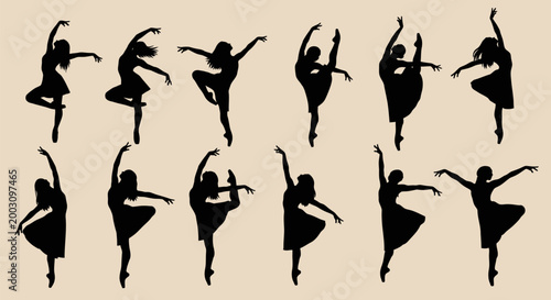 Silhouettes of dancing ballet women performing.