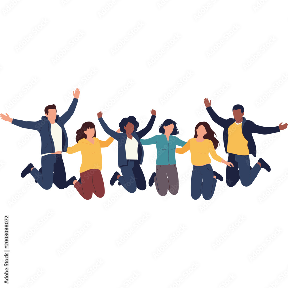 Obraz premium Diverse group of people jumping in air with joyful expressions outdoors together