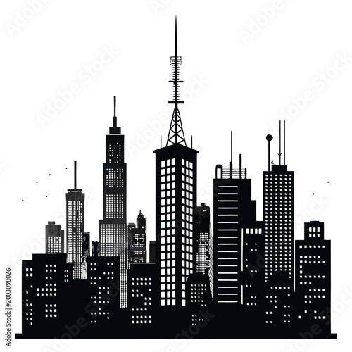 panoramic city skyline silhouette at night with tall skyscrapers and rooftop antenna details isolated on white
