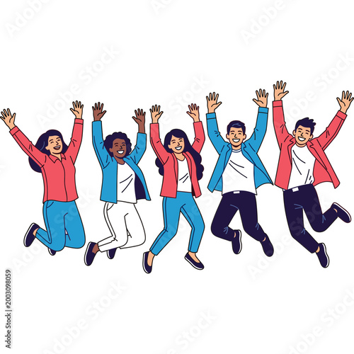 Diverse group of friends jumping happily together in celebration outdoors