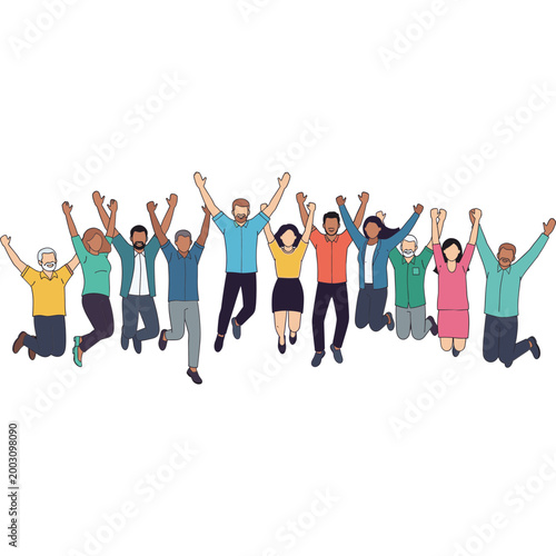 Diverse group of people jumping up with raised arms in celebration together