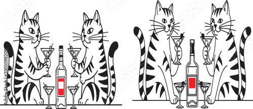 Two cartoon cats sitting at a bar with cocktails and a bottle of liquor on a beige background
