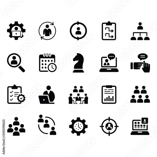 Black and white line collection of various activities and symbols