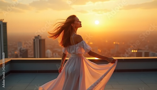 Sunset Serenity: Woman in White Dress on Rooftop