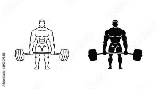 Muscular bodybuilder deadlifting heavy barbell vector illustration set for gym fitness center and strength training branding