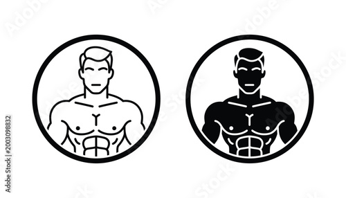 Strong athletic man with defined muscles in circular badge vector illustration set for personal trainer and fitness coaching branding