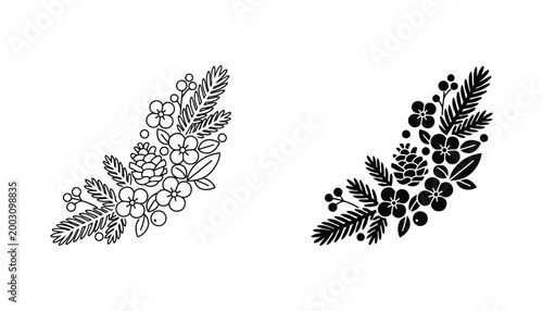 Rustic botanical floral corner arrangement with pine cones vector illustration set for wedding and seasonal holiday design