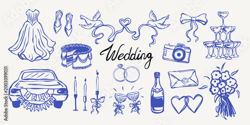 Hand drawn wedding clipart set with bride dress, rings, bouquet, car, champagne, candles and decorations. Romantic doodle style vector collection.