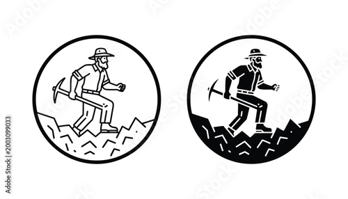 Minimalist vector icon set of bearded miner holding pickaxe walking on rough terrain inside circular badge frame for mining industry branding and logo design templates in black and white line art