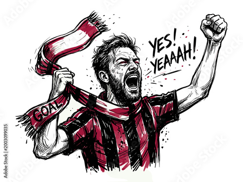 Man cheering with soccer scarf and raised fist