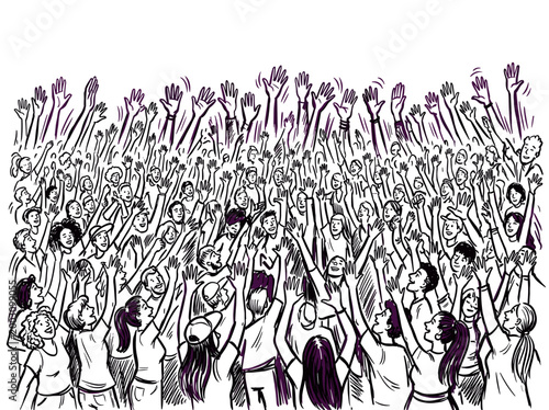 Large crowd of people with hands raised in excitement