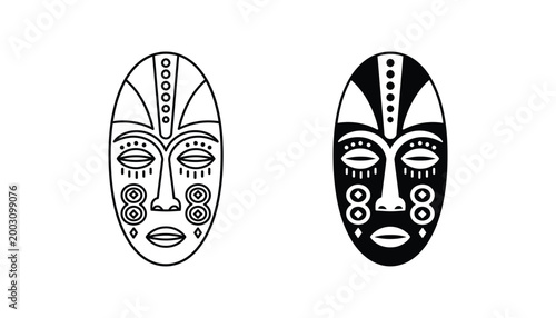 Traditional tribal african mask with intricate geometric patterns and symmetrical face design in black and white vector style for cultural heritage branding or artistic graphic design projects