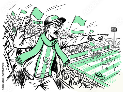 Excited soccer fan cheering in stadium with team and flags