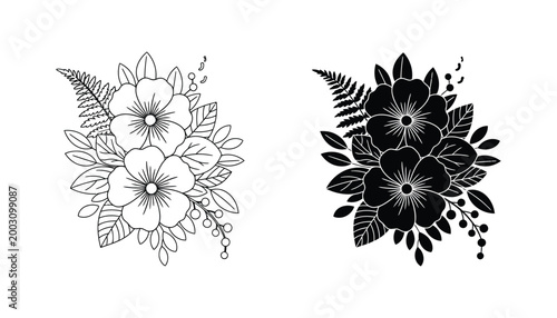Detailed floral arrangement with wildflowers and fern leaves in outline and solid black silhouette styles for botanical graphic design
