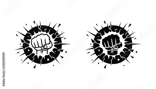 Powerful fist breaking through circular wall crack illustration with explosive debris effect in black and white vector style for strength and resistance or protest and power themed graphic designs