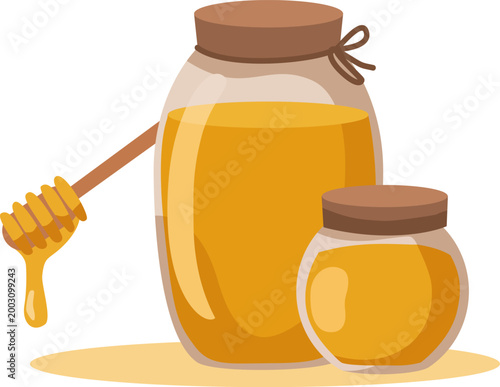 Flat illustration of honey jars with honeycomb, natural organic sweet product concept.
