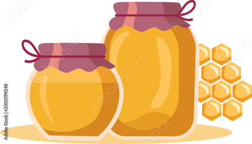 Flat illustration of honey jars with honeycomb, natural organic sweet product concept.