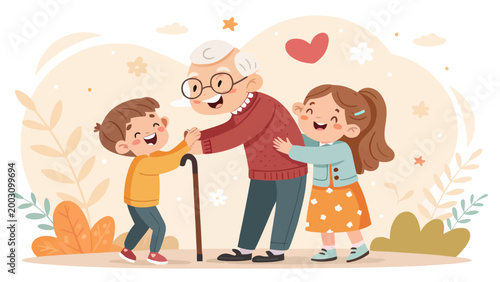 Happy grandfather with grandchildren, elderly man with kids, vector illustration
