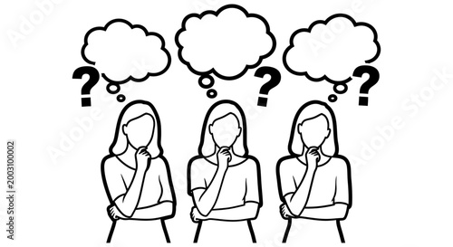 three women thinking with question marks and thought bubbles black and white illustration