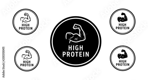 high protein badges with muscular arm icon for fitness and nutrition