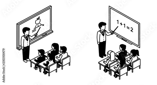 isometric classroom scene with teacher instructing students at desks line art