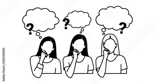 three women thinking with question marks above their heads representing confusion or doubt