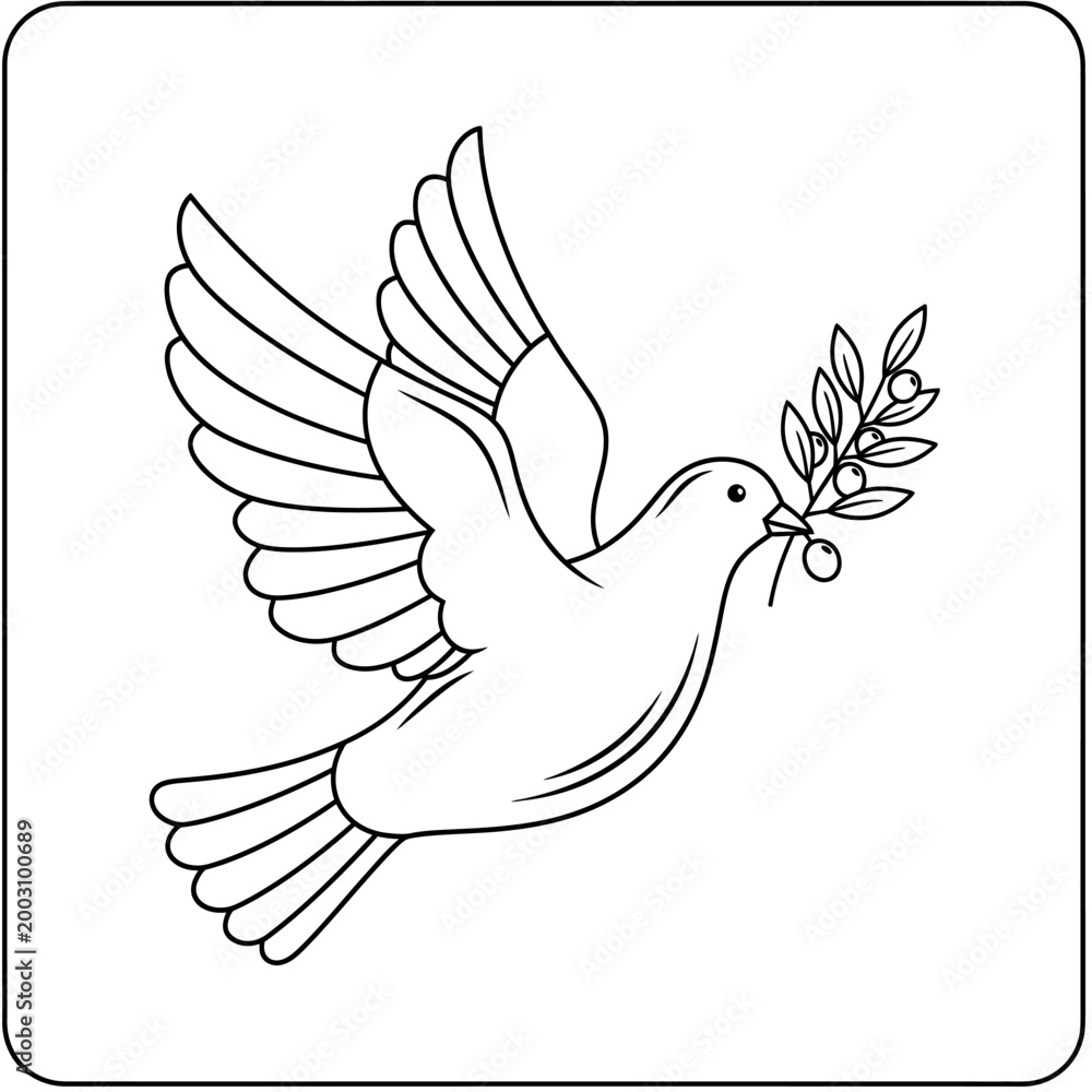 Fototapeta premium Black and white line art illustration of a flying dove holding an olive branch.