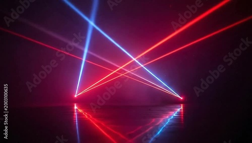 Dynamic Red and Blue Laser Beams Intersecting in a Dark, Reflective Space, Creating an Abstract Light Show.