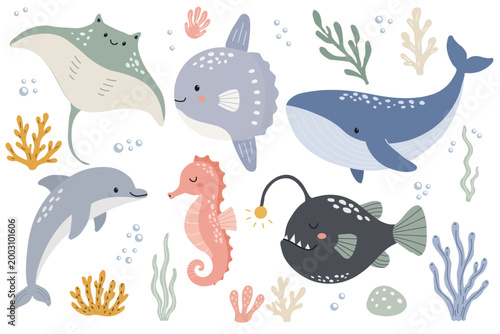 Set of aquatic sea creatures including stingray sunfish blue whale dolphin seahorse and anglerfish with colorful coral and seaweed