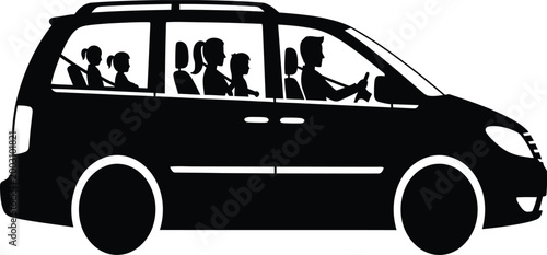Family traveling in minivan silhouette
