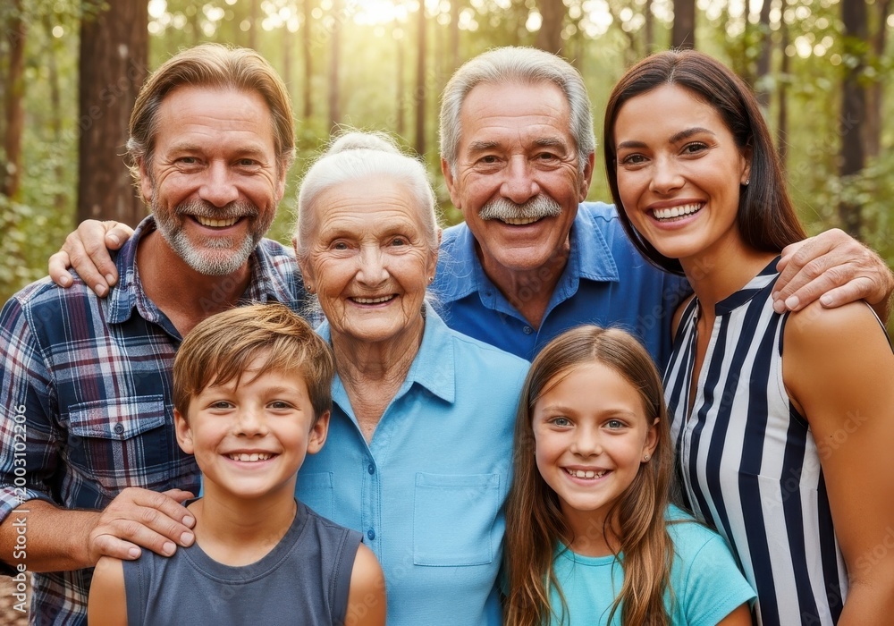 Fototapeta premium Generational family portrait in a serene woodland setting