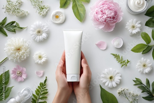 Hands Holding White Cosmetic Tube Surrounded by Flowers and Leaves.