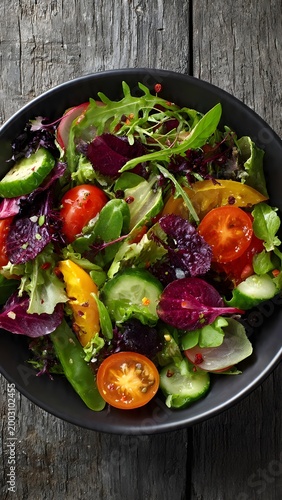 Healthy vegetable salad bowl with avocado and boiled eggs on black background top view