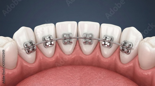 Close up 3D medical illustration of human lower teeth with metal braces and orthodontic wire.