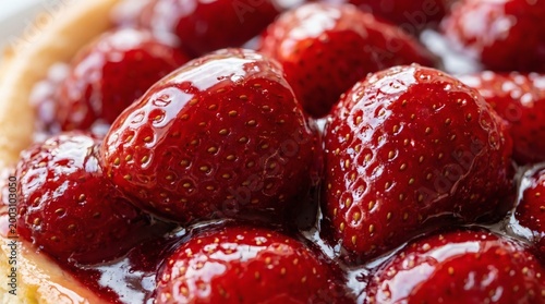 Close up of fresh glazed strawberry tart with juicy red berries.