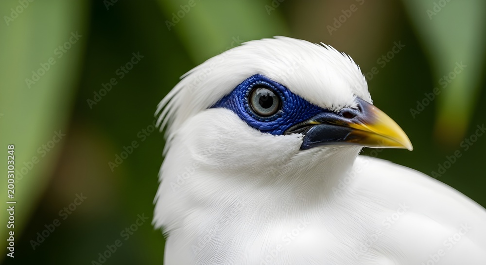 Fototapeta premium A detailed close-up portrait of a Bali myna bird highlighting its striking blue eye patch and smooth white feathers against a blurred green background