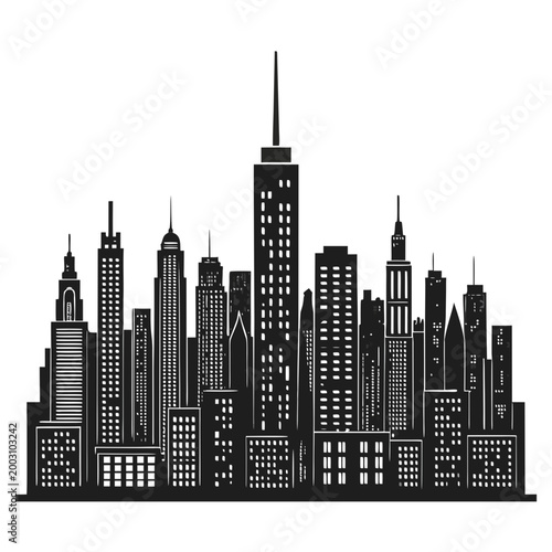 dense urban skyline silhouette with tightly packed skyscrapers and modern city buildings isolated on white