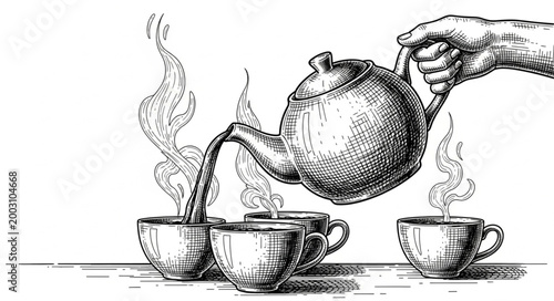 Hand pouring hot tea from vintage teapot into cups.