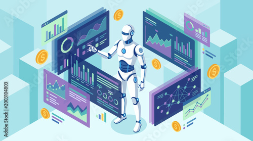 A modern robot engaging with a multitude of financial and analytical data screens, representing the integration of artificial intelligence and technology in today’s business landscape.