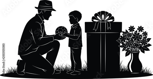 Father's Day silhouette of dad giving a soccer ball to his son with a large gift.