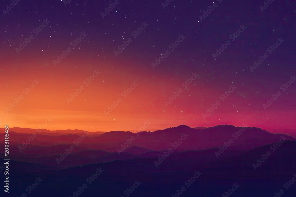 Obraz premium Mountains under starry gradient sky at dusk. Background use for inspirational designs