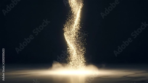 Golden glowing dust particles swirling on dark background with floor reflection
