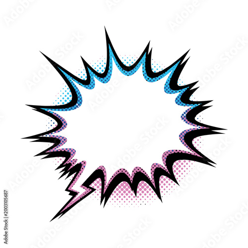 Dynamic Comic Bubble in Electric Blue to Pink Gradient, Distressed Vintage Offset Pop Art Template