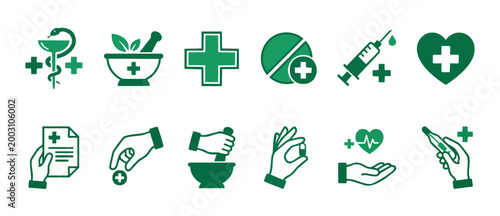 Medical Icon Set Green Flat Vector Illustration for Healthcare Clinic and Pharmacy Services with Medicine Symbols for Professional Web Design, Hospital Branding, Lab Diagnostics, and Doctor Consultati