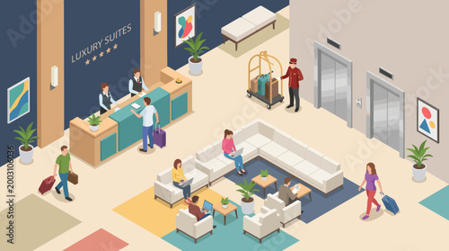 This image showcases a luxurious hotel lobby with guests checking in, a concierge assisting, and various modern elements, creating an inviting atmosphere for travelers.