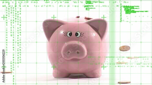 Green digital grid appearing, initiating coin motion around piggy bank to visualize money flow