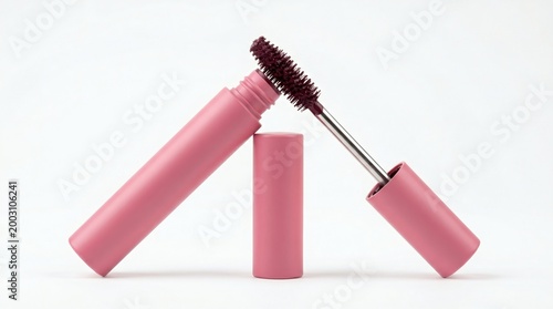Pink Mascara Tube and Applicator Brush Isolated on White Background for Beauty and Cosmetics Marketing.