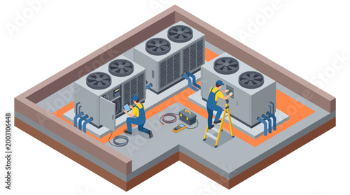 Illustration showing two technicians servicing HVAC equipment, highlighting teamwork, technical skills, and the importance of maintaining heating and cooling systems for comfort.