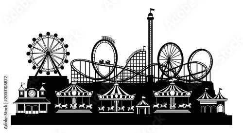 Amusement park silhouette a black and white illustration of thrilling rides and attractions